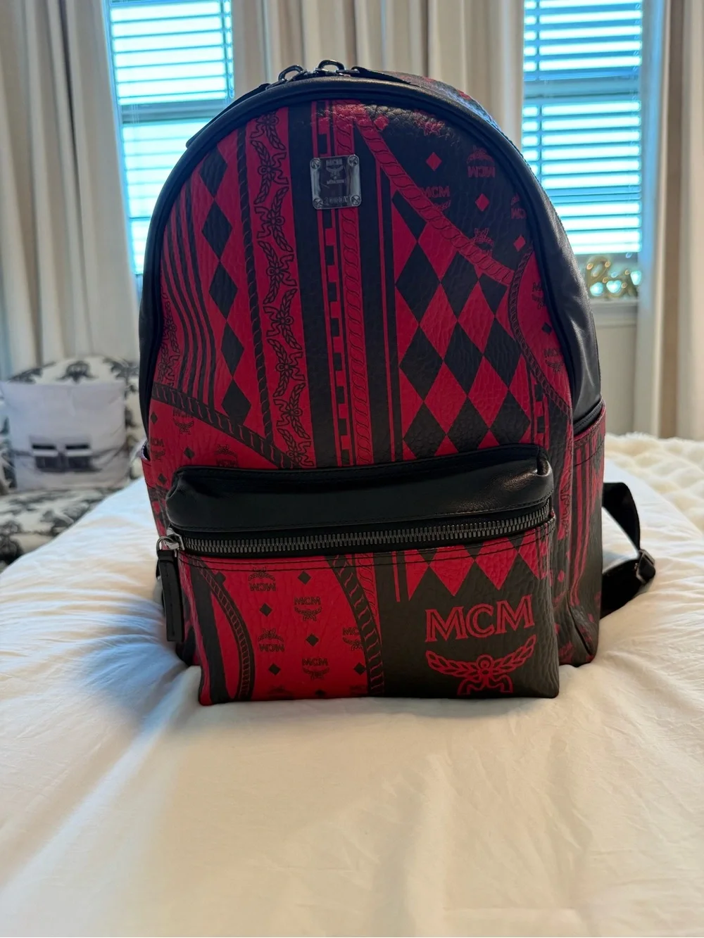 MCM Red & Black Baroque Pattern Leather Backpack Medium